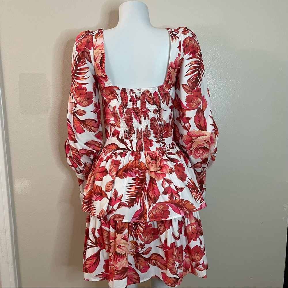 Floral print long sleeve Shirred back ruffled cutout mini dress - Picture 4 of 11